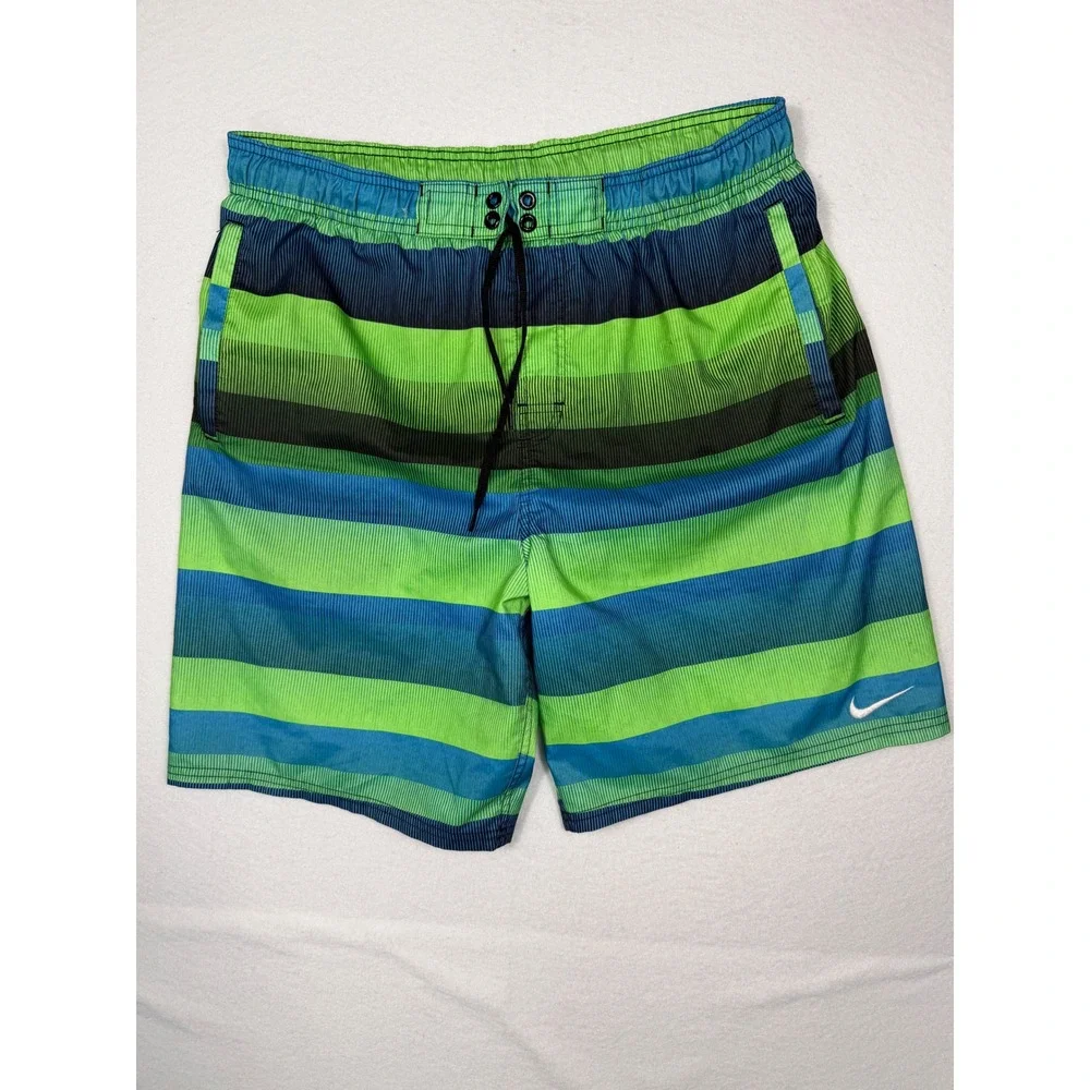 Nike Swim Trunks Men Large‎ Blue Green Striped Board Shorts NESS7480